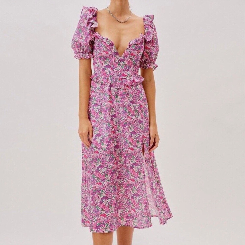 For Love & Lemons Katarina Pink Purple Floral Open Back Ruffle Midi Dress Size S